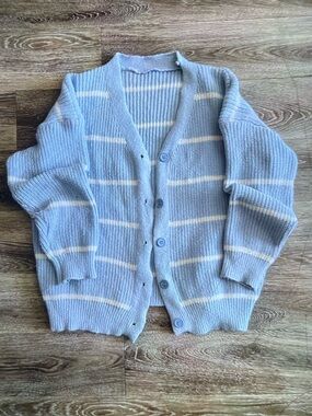 Light Blue Striped Button-Front Cardigan Sweater